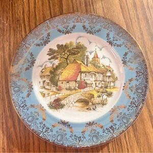 Ornate Scenic Dinner Plate with Blue and Gold Trim